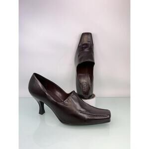 Vintage Franco Sarto Brown Leather Square Toe Kitten Heel Pumps 9.5M 90s Y2K